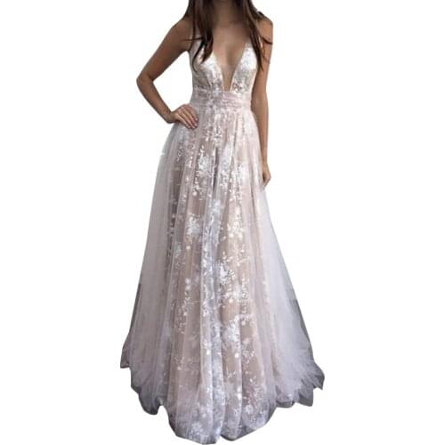 Women Lace Dress Elegant Long Gowns Romantic V-neck Maxi Backless Dress Evening Club Wedding Party Dresses Female Vestidos