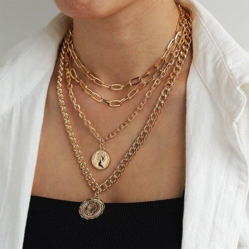 Vintage Layered Coins Human Head Pendant Necklace for Women Bohemian Multilayer Geometric Choker Collar Necklace Wholesale