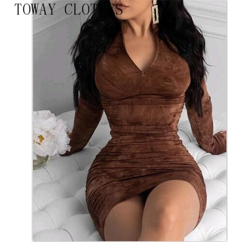 S-5XL Women Plain V-Neck Long Sleeve Ruched Bodycon Dress Skinny Party Plus Size Dresses