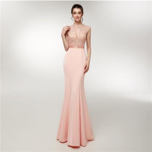 Elegant Long Evening Dress Mermaid Crystal Beading Luxury Backless Arab Dubai Pink Prom Dress Party Evening Gowns Robe De Soiree