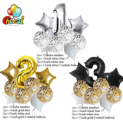 9pcs Gold silver confetti balloons black Number 1 2 Birthday Party celebrate Decoration Supplies Pure colour Helium Foil Balloon