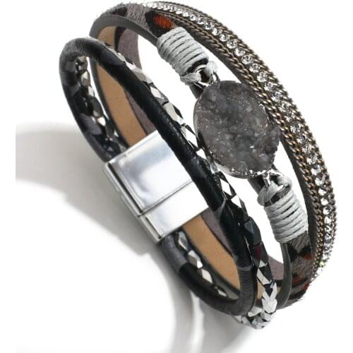 Amorcome Leather Leopard Wrap Bracelet Boho Cuff Bracelets Resin Stone Bangle with Magnetic Clasp Jewelry Gifts for Women Girls