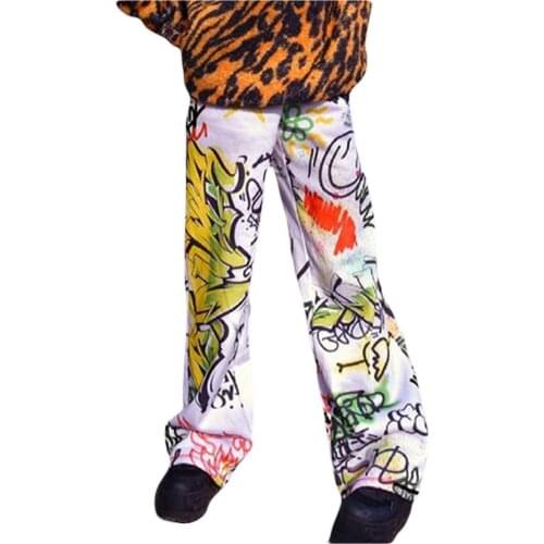 2021 Fashion Hip Hop Graffiti Print Sweatpants Jogger Women High Waist Loose Straight Pants Casual Wide Leg Trouser Streetwear