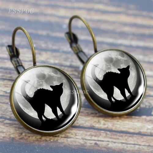 Black Cat Hook Earrings Gothic Full Moon with Cat Jewelry Vintage Copper Dangle Earrings for Women Girls