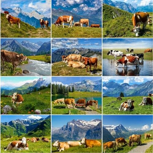 Evershine New Arrival Diamond Embroidery Cow Animal 5D Diamond Painting Mountain Mosaic Full Layout Rhinestone Picture Wall Art