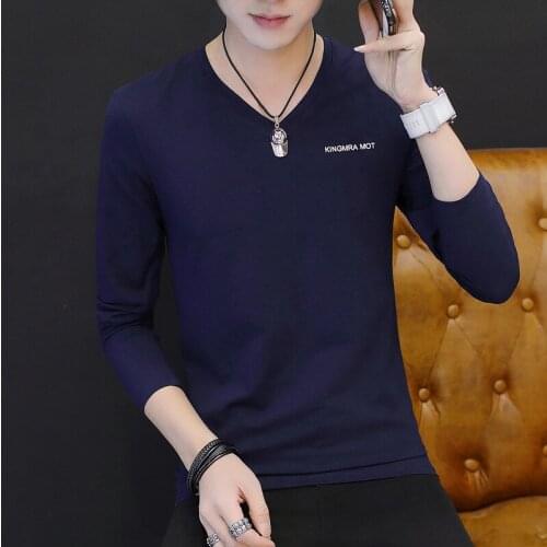 T Shirt Men Spring and Autumn Long Sleeve T-Shirt Black Grey Navy Blue Tshirt Mens T Shirts New Fashion V-Neck Casual Solid