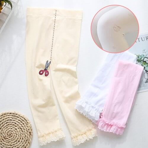Summer thin cutout KT cat lace nine-point cotton trousers for girls Slim leggings 1-4 years old breathable dual-use file