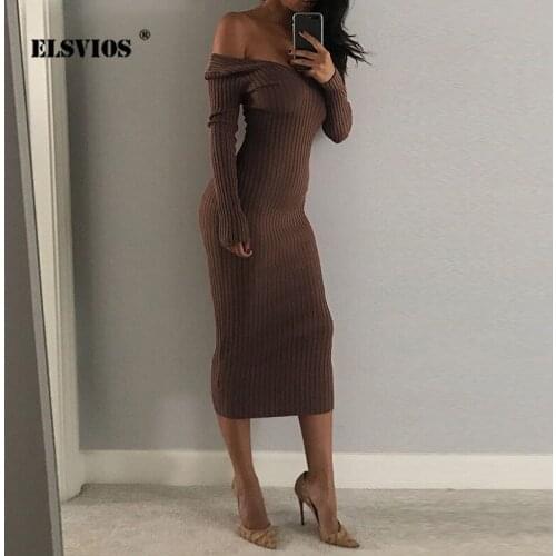 New Sexy Women Nightclub Party Dress Off Shoulder Slim Bodycon Dress Elegant Solid Color V Neck Long Sleeves Lady Winter Dresses