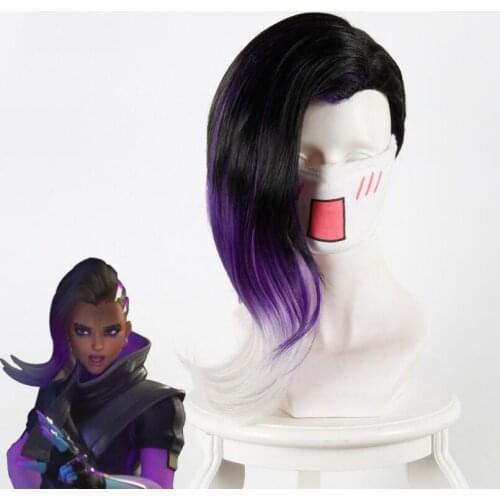 40cm Anime Game Overwatch OW Sombra Wig 40cm Black Purple Whtie Ombre Mix Curly Synthetic Hair Cosplay Costume Wigs