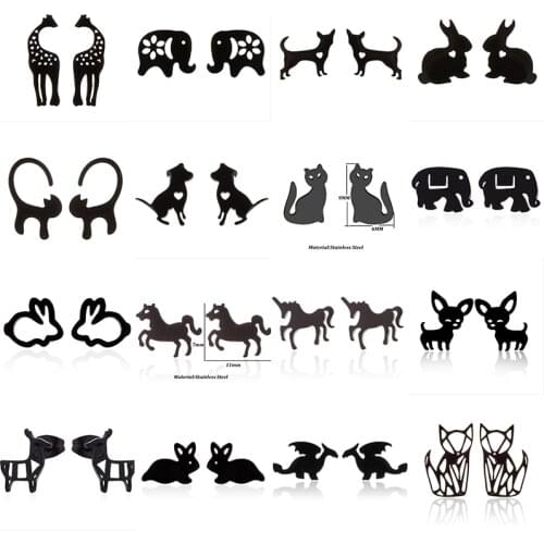 Women Kid Birthday Jewelry Stainless Steel Lovely Black Giraffe Dog Cat Dinosaur Small Stud Earring Fine Animal Piercing Earring