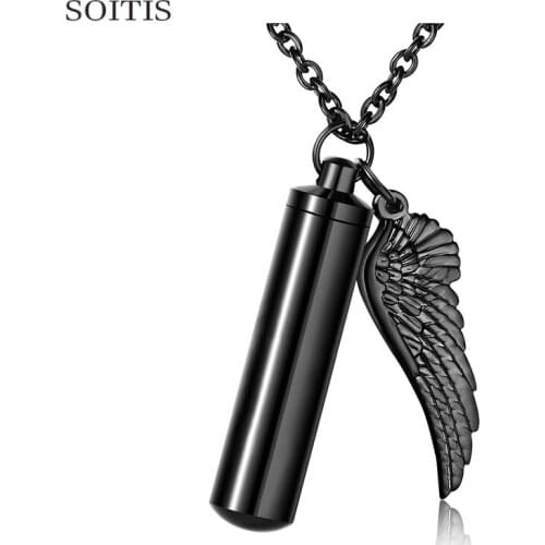 SOITIS Customize High Capacity Cylinder Ashes Jewelry Cremation urn Necklace Stainless Steel Angel Wing Pendant Decorative Gift