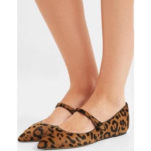Shoes Casual Woman Leopard Print Horsehair Woman Brown Flats Sexy Pointed Toe Button Decor Female Mary Janes Shoes Soft
