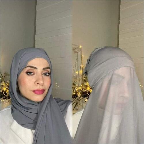 Heavy Bubble Chiffon Hijab With Bonnet Elastic Rope Cap Solid Color Inner Scarf Headband Stretch Hijab Cover Headwrap Turbante