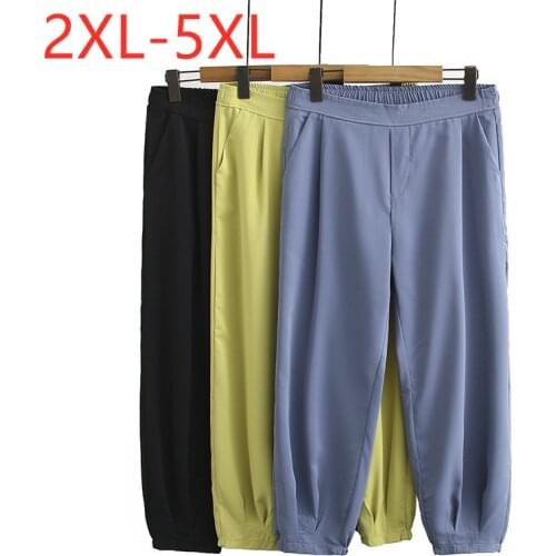 New 2021 Ladies Summer Plus Size Cropped Haren Pants For Women Large Loose Casual Wide Leg Blue Black Trousers 2XL 3XL 4XL 5XL