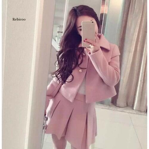 HOT Womens Korean Wool Blend Short Jacket Parka Outerwear + High Waist Skirt Set