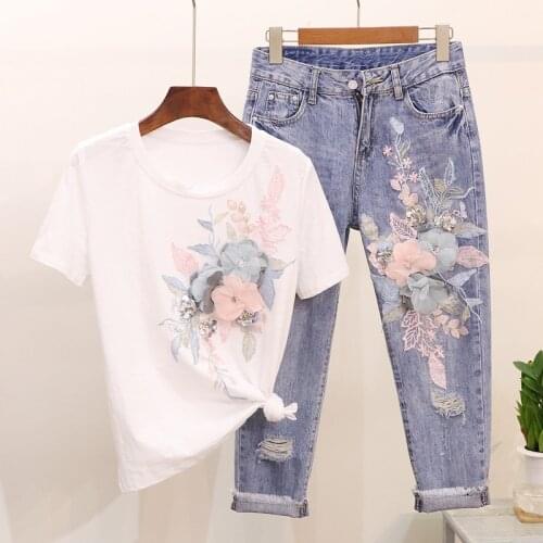Amolapha Women Embroidery 3D Flower Sequin Cotton Tshirt +Mid Calf Jeans Twinset Mid Calf Jean 2PCS Suits