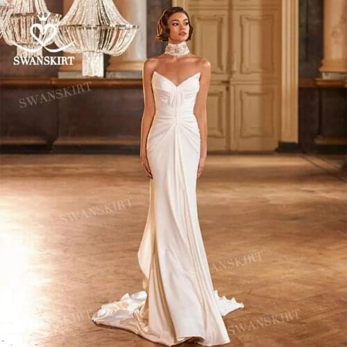Vintage Sleeveless Wedding Dress 2021 Beaded Satin Mermaid Court Train Princess Vestido De Novia SwanSarah M104 Bridal Gown