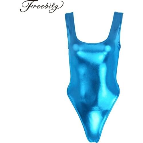 New Sexy Women PU Faux Leather High Cut Bodysuit Thong Swimsuit Erotic Leotard Costumes Latex Bodysuit Swimwear Club Wear