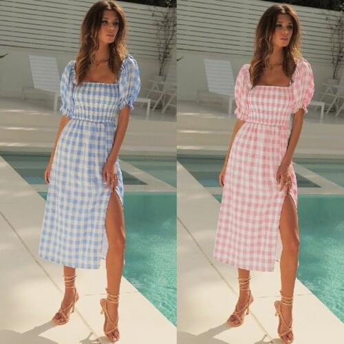 Summer Dress Women Clothing Split Dresses Femme Robes Womens Plaid Printed Short Sleeve Square Neck Dress For Women Vestidos