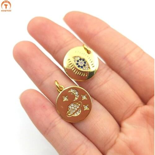 5pcs Gold Coin Charm Evil Eye Pendants Universe Earth Moon Starry Sky Round Brass Plate Pendants For Women Necklace Bracelet DIY