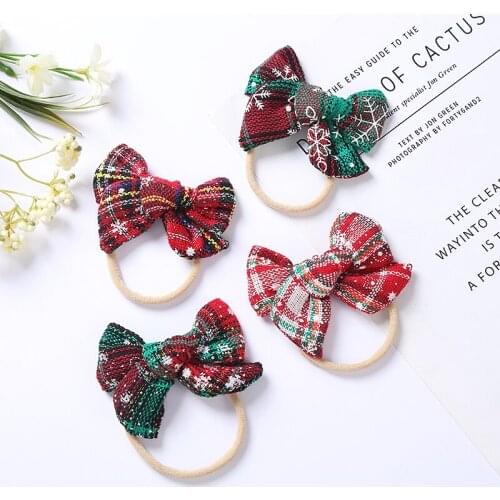 50 Pcs/Lot, 8.5 CM Baby Girl Christmas Hair Bows with Thin Nylon Headband Hair Bow Headband NewbornTartan Hair Clips Accessories