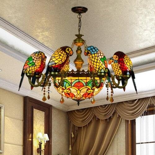 American Pastoral Creative Tiffany Colored Glass Living Room Restaurant Bar Club Parrot Bird Multi-Head Hanging Lamp