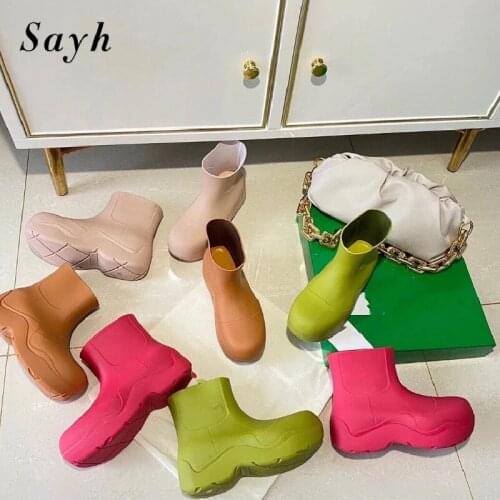 Fashion Brand Women Candy Rubber Shoes Rain Boots Waterproof Shoes Platform Wedge Heels Ankle Boots Casual booties