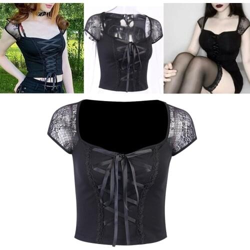 Black T-shirt Gothic Girls Women Lace up Crop Top Short Sleeve Tee Square Neck Club Wear Punk Blouse Shirt