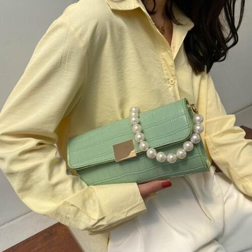 Elegant Women Pearl Chain Handbags Simple Stone Pattern Female Shoulder Underarm Bags Solid Color PU Leather Ladies Clutch Purse