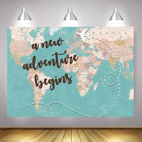 Photography Backdrop A New Adventure Begins Photoshoot World Map Travelling Background for Photo Studio Newborn Baby Shower
