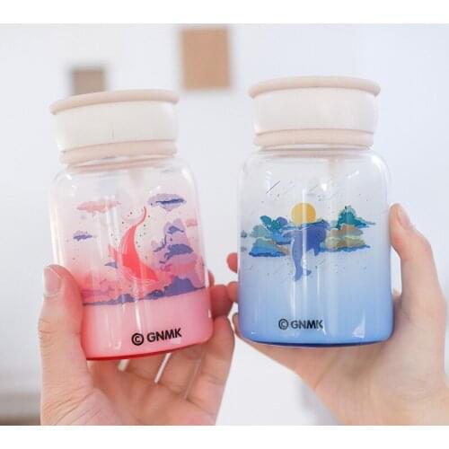 Gradient Ocean Filter Glass Cup High Borosilicate Printing Clear Water Cup Outdoor Sports Tea Brewing Cup Glass Drinking Bottle