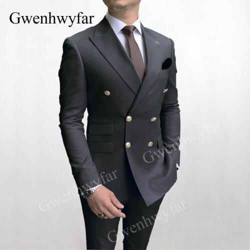 Gwenhwyfar Gentlemen Suits Charcoal 2 Piece set for Men Formal Prom Tuxedos with Peak Lapel Slim Double Breasted Jacket Pants
