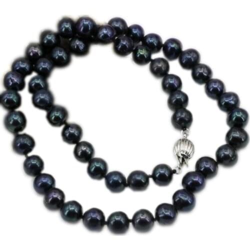 Chokers Beaded Chain Necklace For Women Office Lady Natural Freshwater Pearl Black 9-10mm Beads Strand Jewelry Gift 18inch B3223