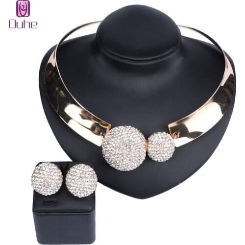 Wholesale Dubai Gold Color Crystal Jewelry Set Bridal Gift Nigerian Wedding Woman Accessories Big Statement Jewelry Set