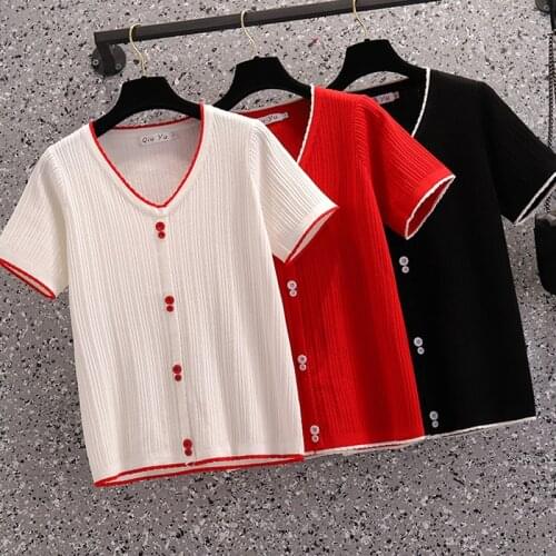 L-3XL Large size summer new short sleeve sweater T-shirt loose casual fashion button v neck Oversized basic thin kint pullover