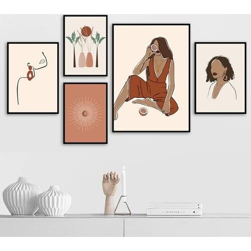 Line Art Plant Canvas Painting Girl illustration Posters And Prints Fashion Woman Wall Art Boho Style Picture For Living Room