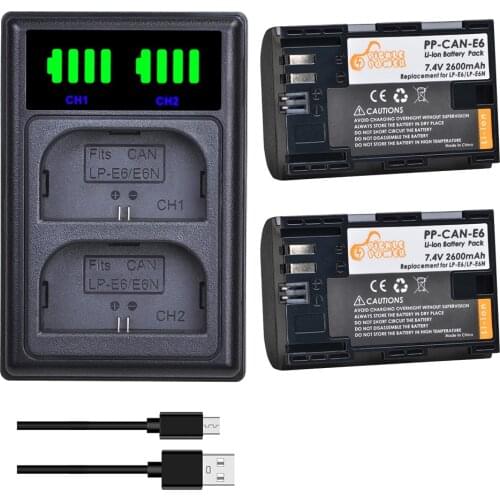LP-E6 LP-E6N Battery 2600mAh +LED USB Dual Charger with Type C Port for Canon EOS 5D Mark II III IV 5DS 5DS R 6D 60D Mark II