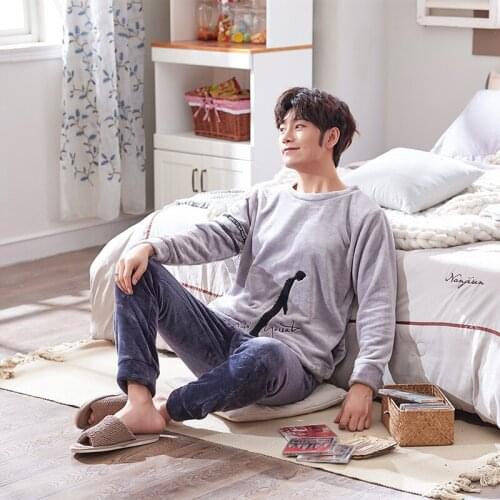 H5700 Autumn Winter Man Flannel Pajamas Boys Korean Thick Plus Velvet Nightwear Male Long Sleeve Cartoon Coral Fleece Home Wear