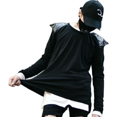 Men autumn personality leather patchwork night club hip hop long sleeve t shirt man stage punk slim fit tee shirts streetwear