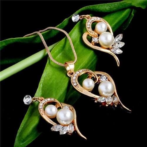 Gold Color Necklace Earrings Jewelry Set Water Drop Simulated Pearl Flowers Crystal Pendant Wedding Bridal Jewelry Sets