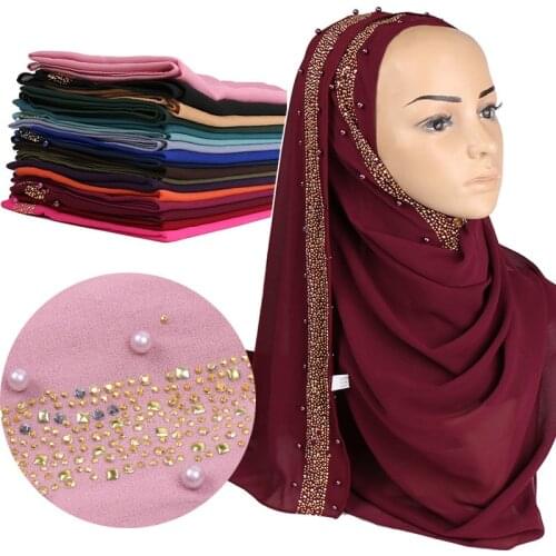 Popular women scarf with pearl chiffon headscarf 70*180 cm monochrome inlaid pearl jewelry ethnic womens veil