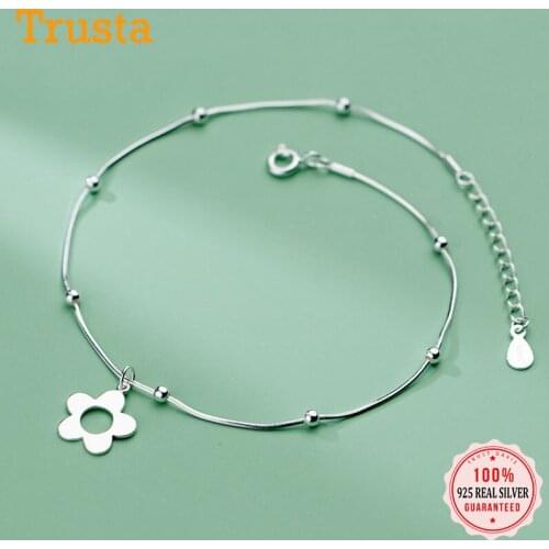 Trustdavis Genuine 925 Sterling Silver Minimalist Snake Chain Beads Flower Anklets For Women Wedding Fine Jewelry Gift DB1319
