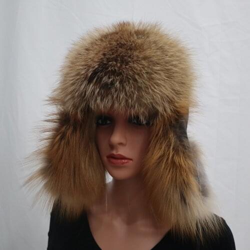 Womens Fur Hat Natural Raccoon Fox Fur Hat Winter Thick Warm Ears Fashion Bomber Hat