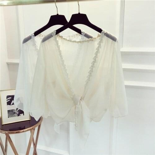 Womens Fairy Chiffon Short Sleeve Shawl Cardigan Top Crochet Lace Wrap Tie Front Shirt Poncho Cape Cloak White Apricot 903-B332