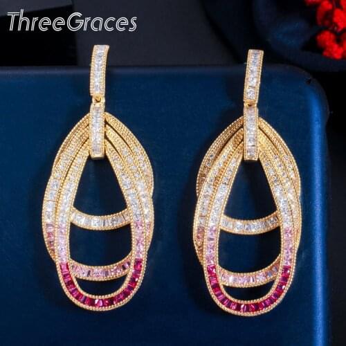 ThreeGraces Personality Pink Red Cubic Zirconia Yellow Gold Long Circle Drop Dangle Earrings Ladies New Fashion Jewelry ER513