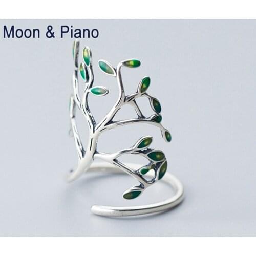 Woman Ring 925 Silver Color Green Tree Leaf Plant Shape Creative Interesting Party Wedding Anniversary Jewelry Elegant Rings