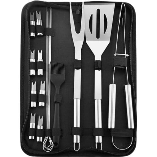16 Pcs BBQ Grill Tool Set Home Outdoor Portable Bag Barbecue Tool Turner Brush Tong Needle Stainless Steel Grill Kit with Bag
