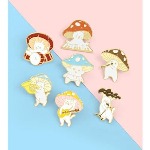 Cartoon Cute Animals Cat Enamel Brooch Mushroom Musical Instrument Drum Playing Piano Trumpet Alloy Pins Badge Woman Jewelry