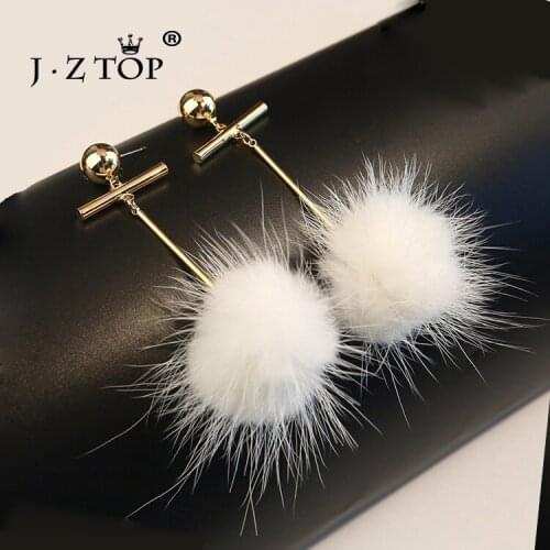 JZTOP Women Fashion Geometric Hair Ball Earrings Long White Metal Tassel Earrings Femme Party Earring Jewelry Accessories