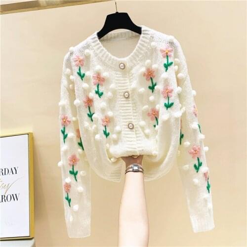 Flower Embroidery Kntited Women Sweater Cardigan Winter New 2021 V-Neck Long-Sleeved Thicken Warm Female Outwear Coats Tops